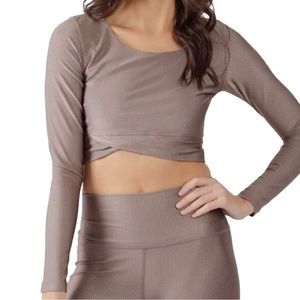 90 DEGREE By REFLEX Shiny Ribbed Long Sleeve Twist Crop Top - Iron